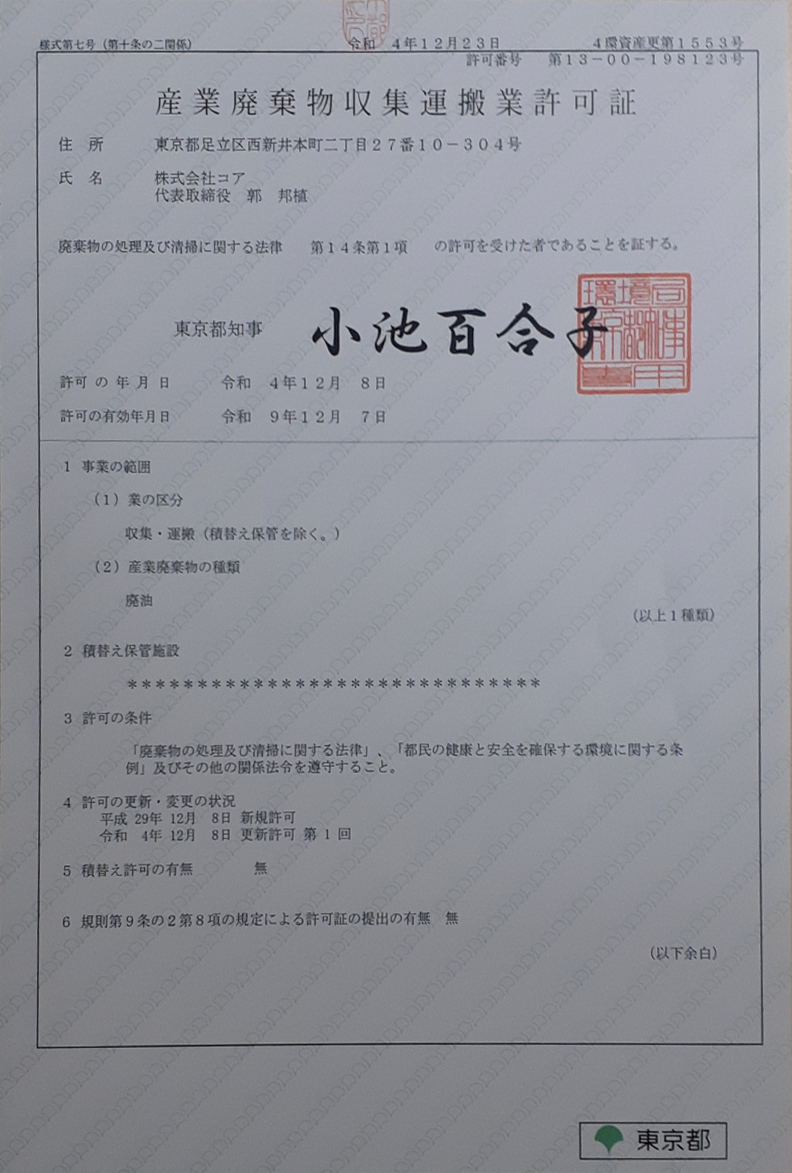 産業廃棄物収集運搬業許可証